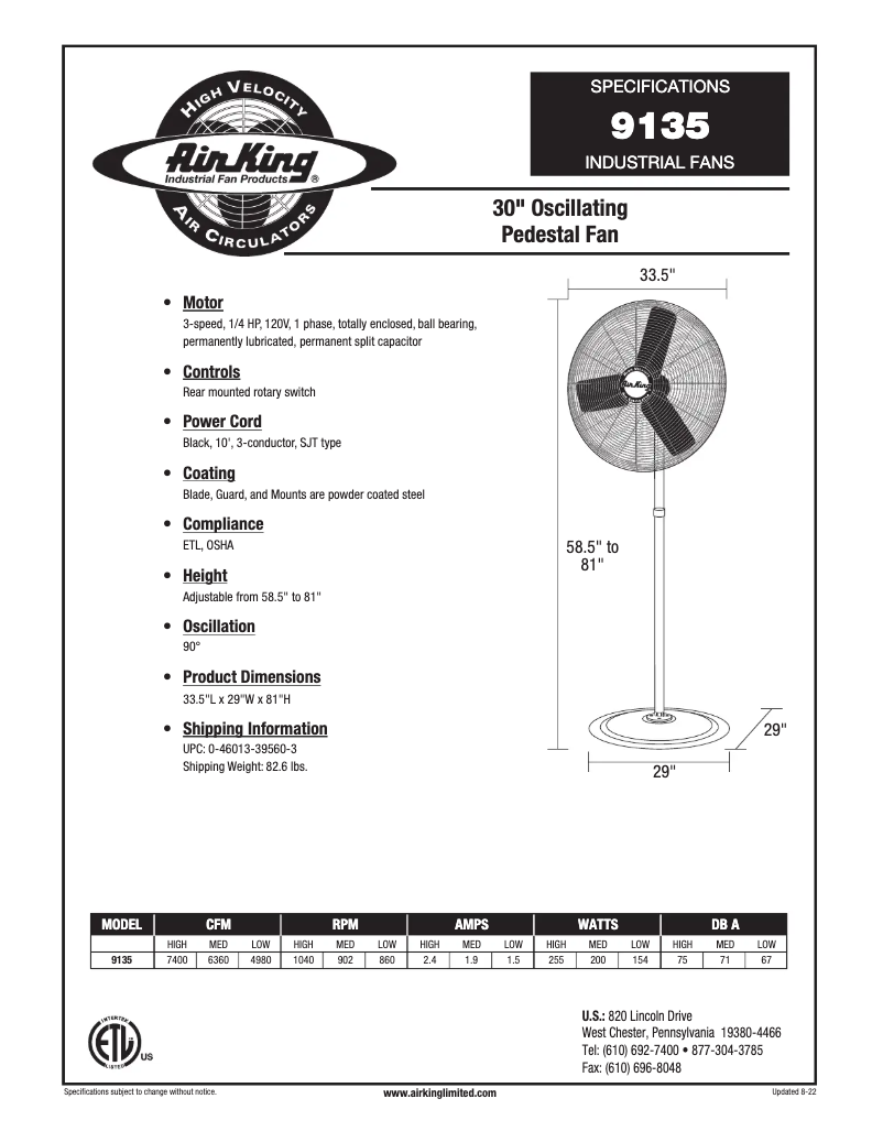 Page 1 de la notice Fiche technique Air King 9135