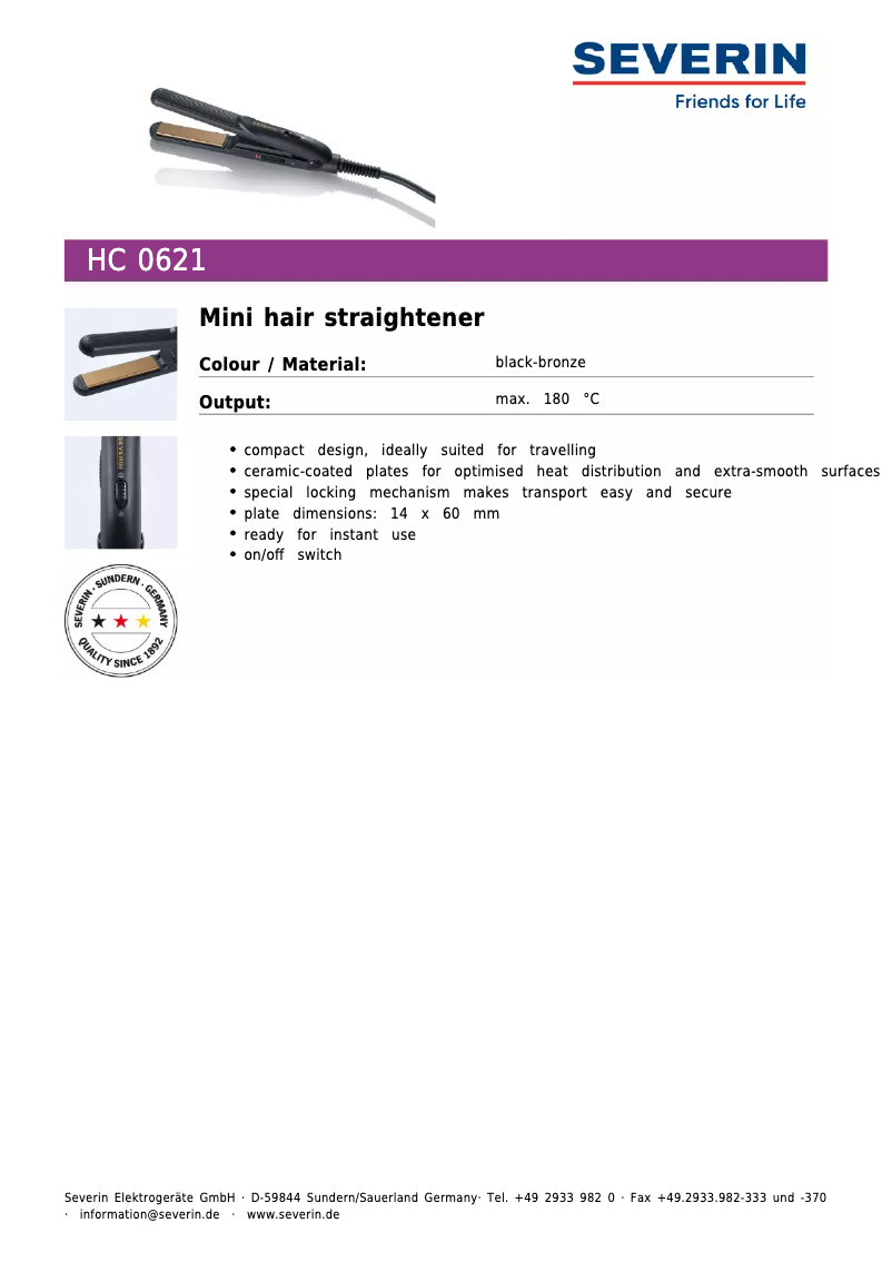Page 1 de la notice Fiche technique Severin HC 0621