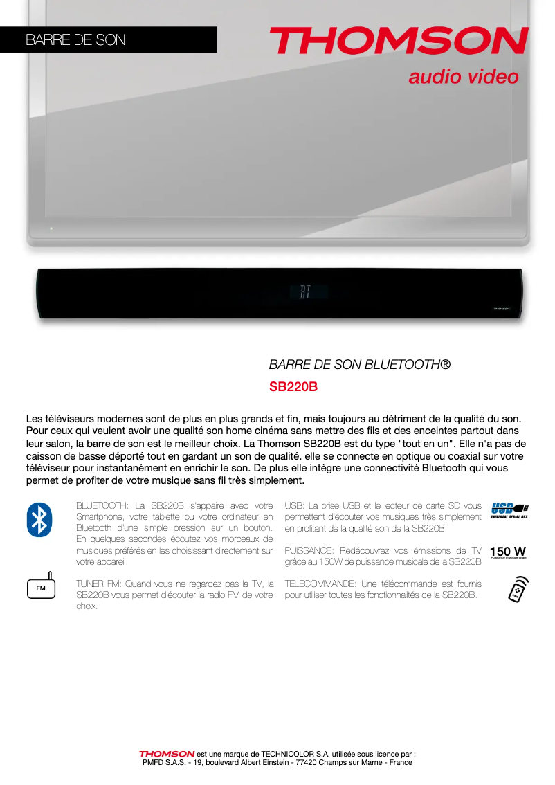 Page 1 de la notice Manuel utilisateur Thomson SB220B