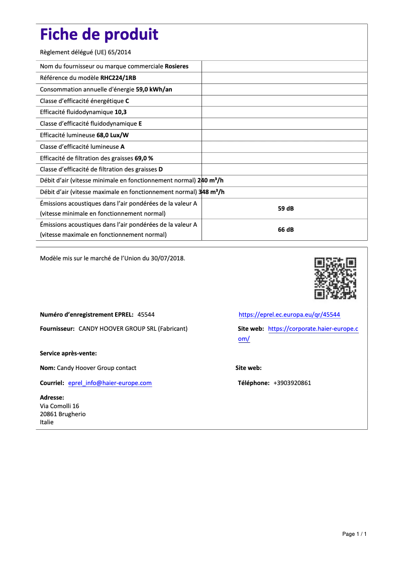 Page 1 de la notice Fiche technique Rosieres RHC 224/1 RB