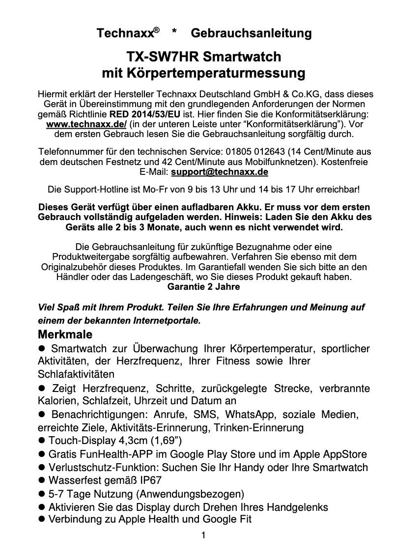 Page 1 de la notice Manuel utilisateur Technaxx TX-SW7HR