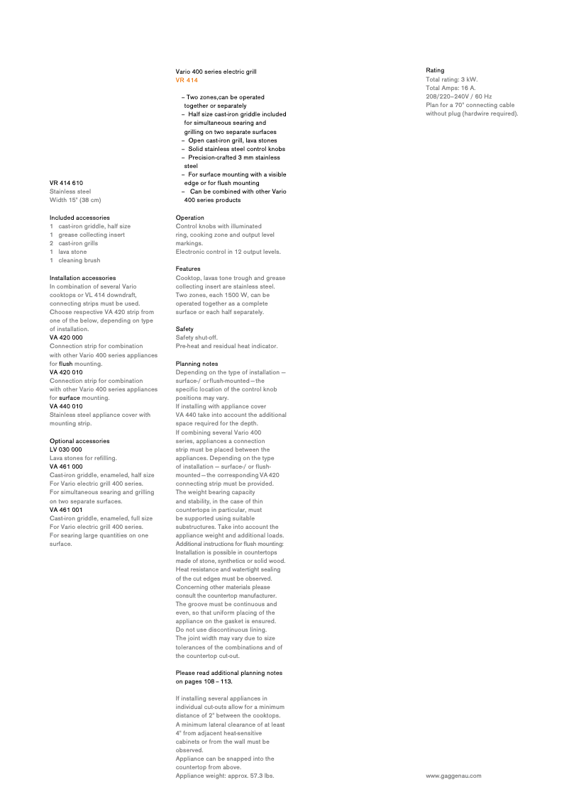 Page 1 de la notice Fiche technique Gaggenau VR414610