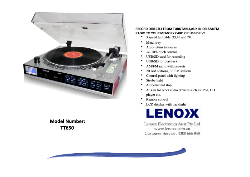 Page n°1 - Fiche technique Lenoxx TT650