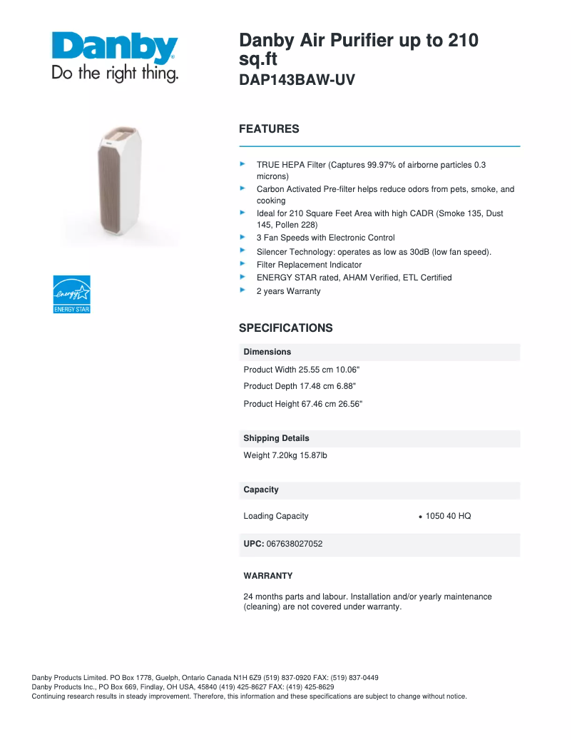 Page 1 de la notice Fiche technique Danby DAP143BAW-UV