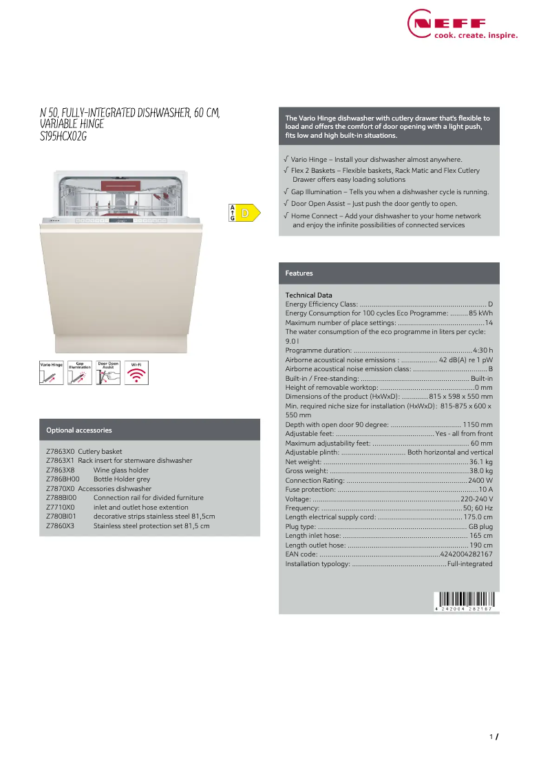 Page n°1 - Fiche technique Neff S195HCX02G