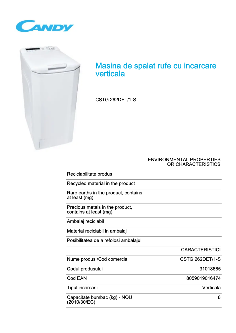 Page 1 de la notice Fiche technique Candy CSTG 262DET/1-S