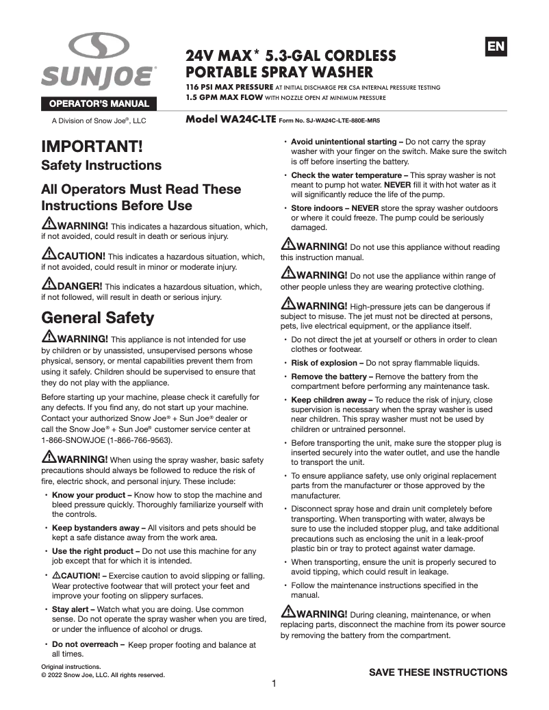 Página 1 del manual Manual de usuario Sun Joe WA24C-LTE