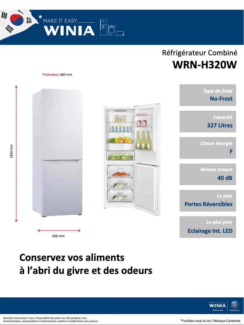Page 1 de la notice Fiche technique Winia WRN-H320W