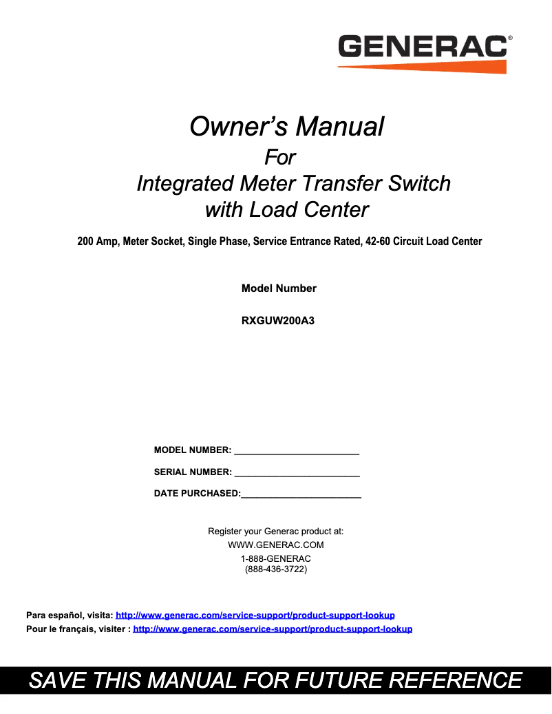 Page 1 de la notice Manuel utilisateur Generac RXGUW200A3