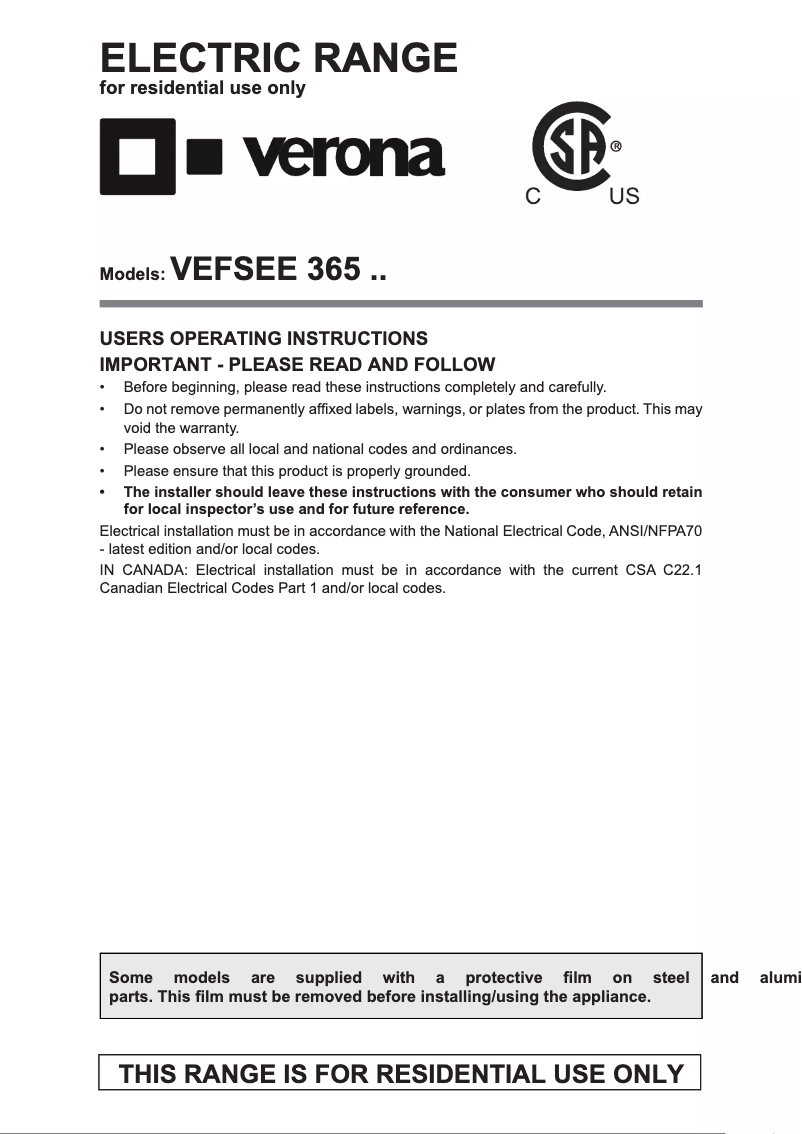 Page n°1 - Manuel utilisateur Verona VEFSEE365E