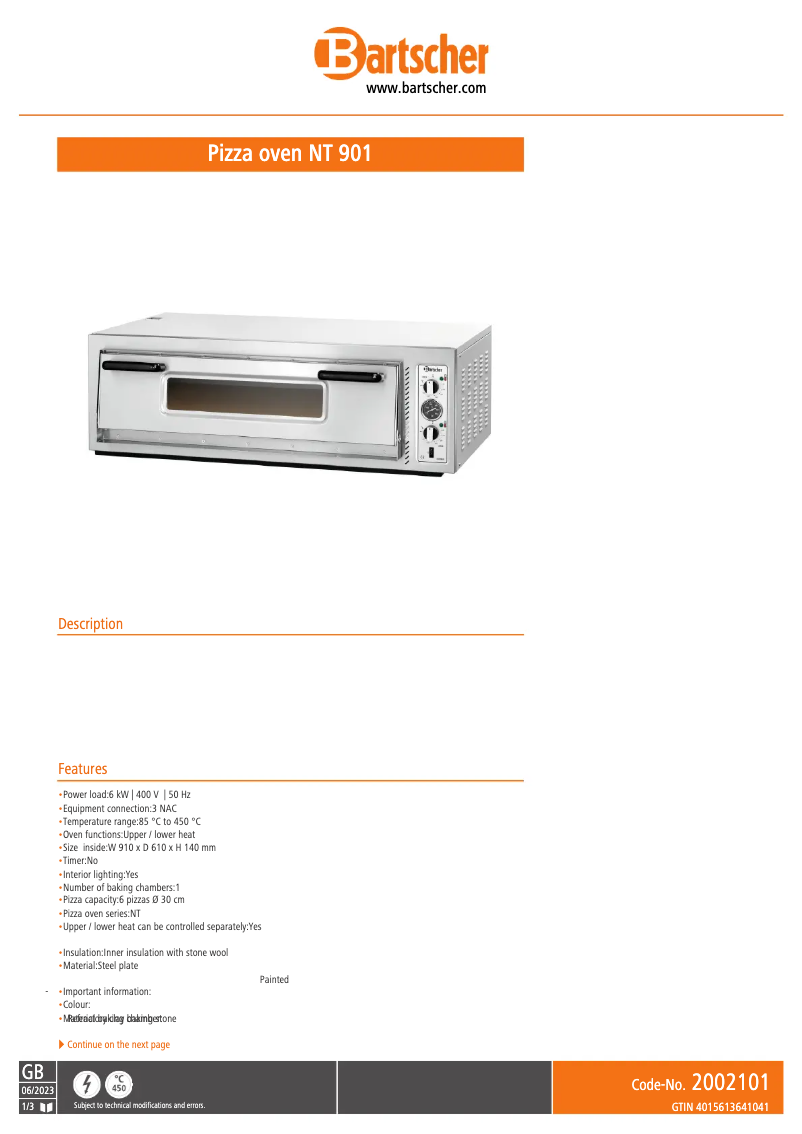 Page 1 de la notice Fiche technique Bartscher NT 901