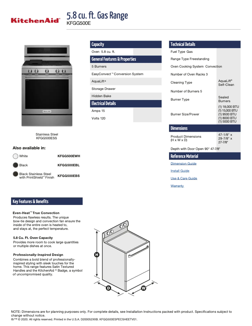 Page 1 de la notice Fiche technique KitchenAid KFGG500EWH