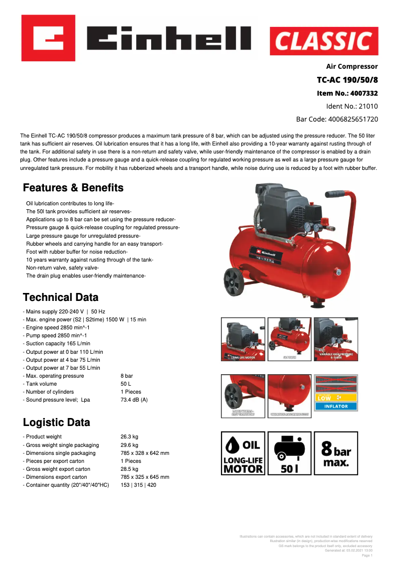 Page 1 de la notice Fiche technique Einhell TC-AC 190/50/8