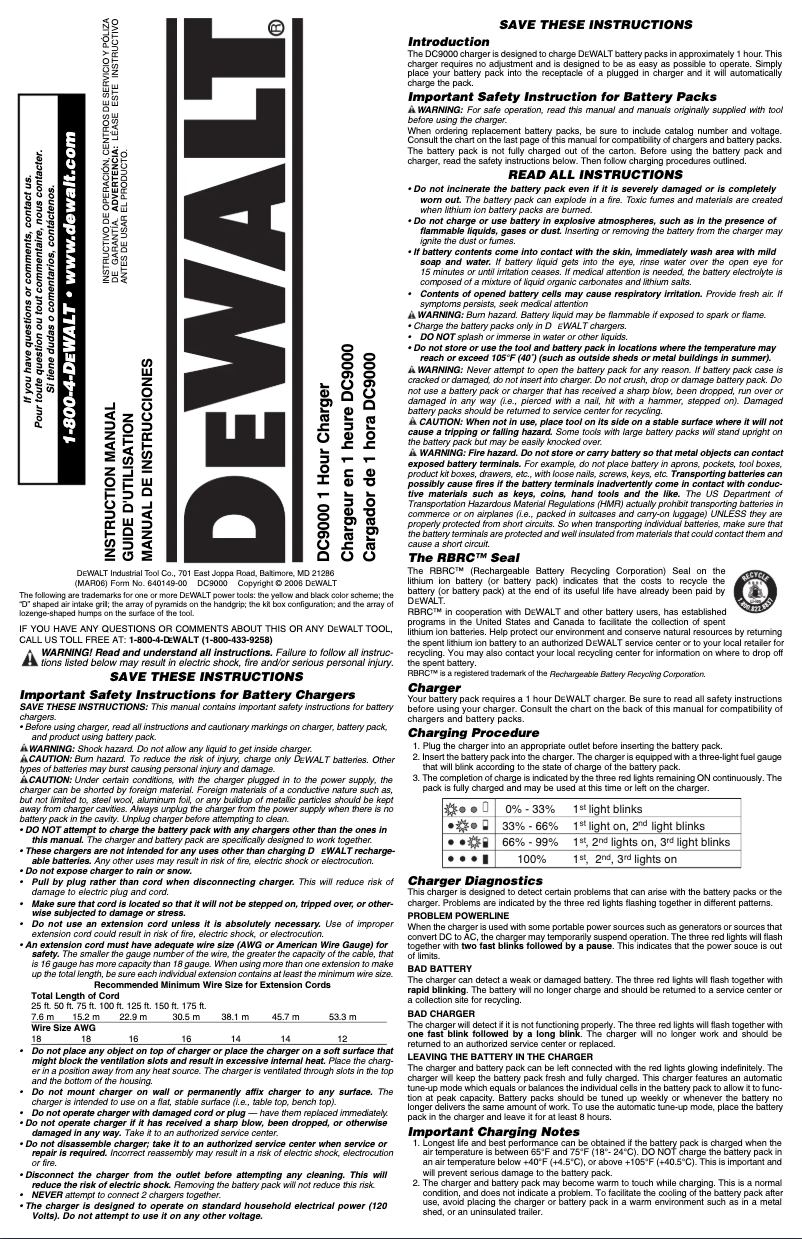 Page 1 de la notice Manuel utilisateur DeWalt DC9000