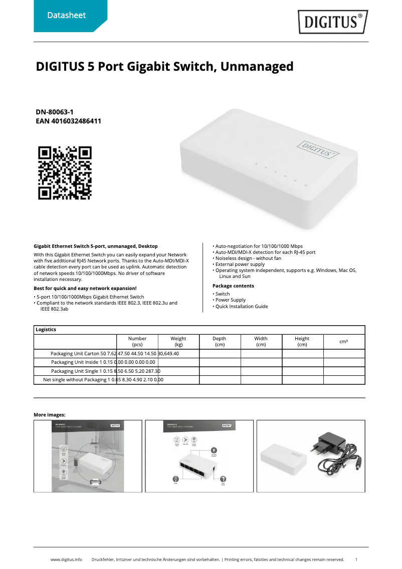 Page 1 de la notice Fiche technique Digitus DN-80063-1