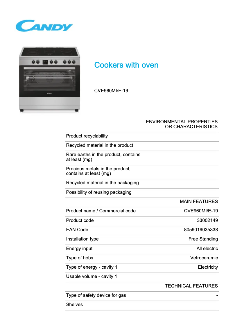 Page n°1 - Fiche technique Candy CVE960MI/E-19