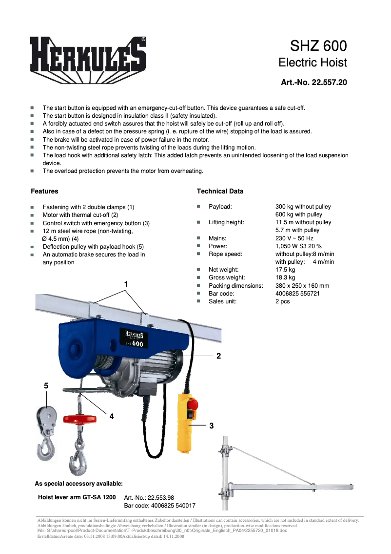 Page n°1 - Fiche technique Herkules SHZ 600