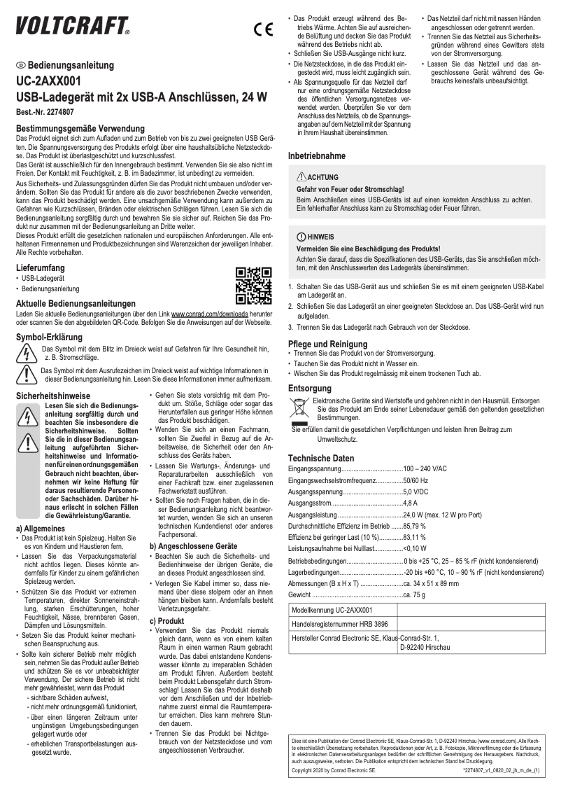 Page 1 de la notice Manuel utilisateur Voltcraft UC-2AXX001