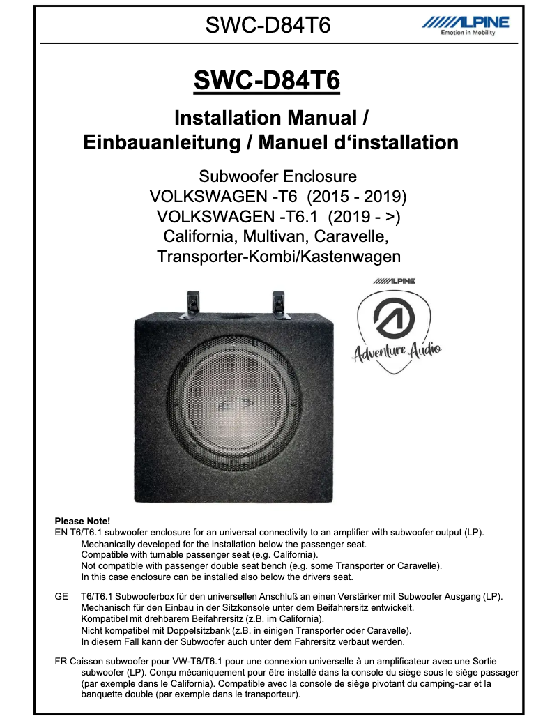 Page n°1 - Manuel utilisateur Alpine SWC-D84T6