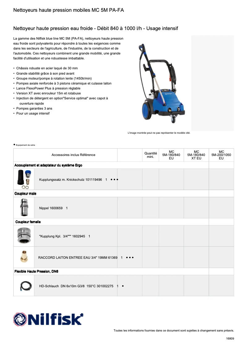 Page 1 de la notice Fiche technique Nilfisk MC 5