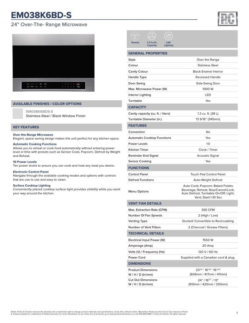 Página 1 del manual Ficha técnica Porter & Charles EM038K6BD