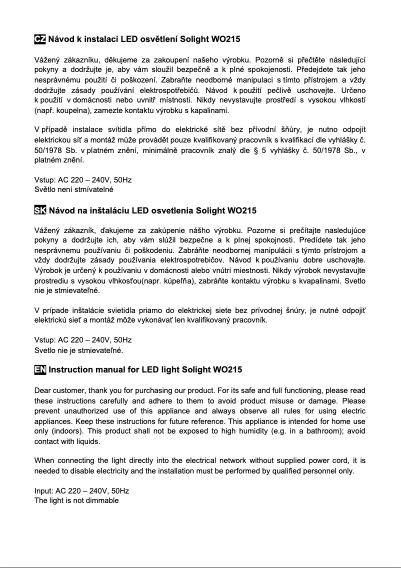 Page 1 de la notice Manuel utilisateur Solight WO215