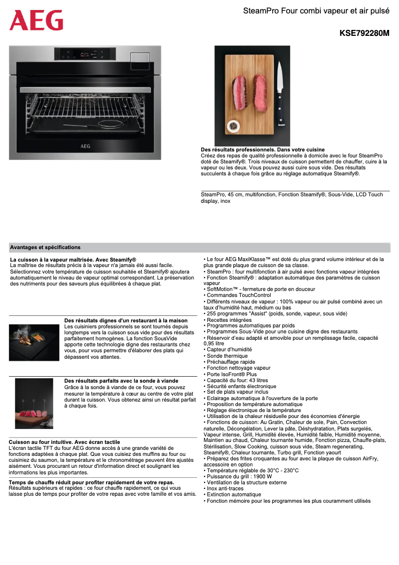 Page 1 de la notice Fiche technique AEG KSE792280M