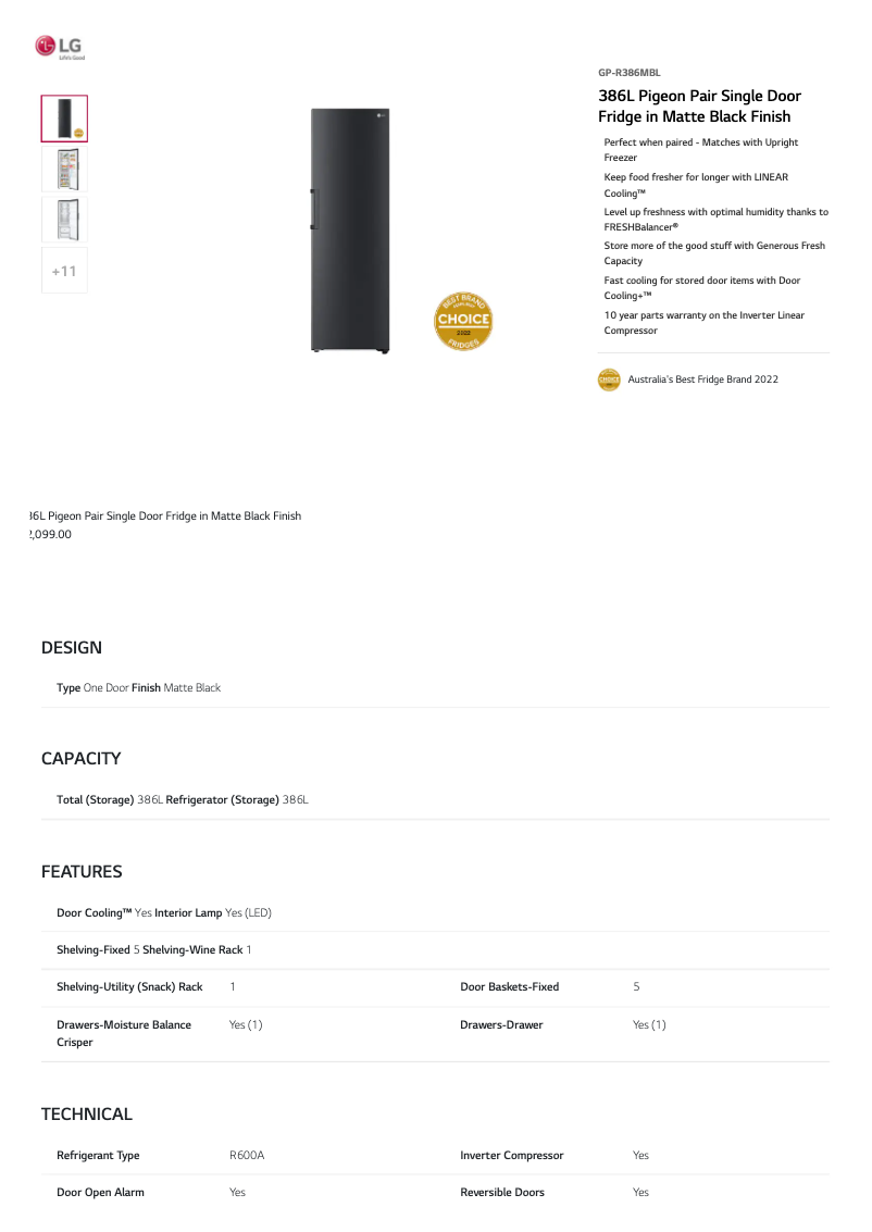 Page 1 de la notice Fiche technique LG GP-FR386PPMBL