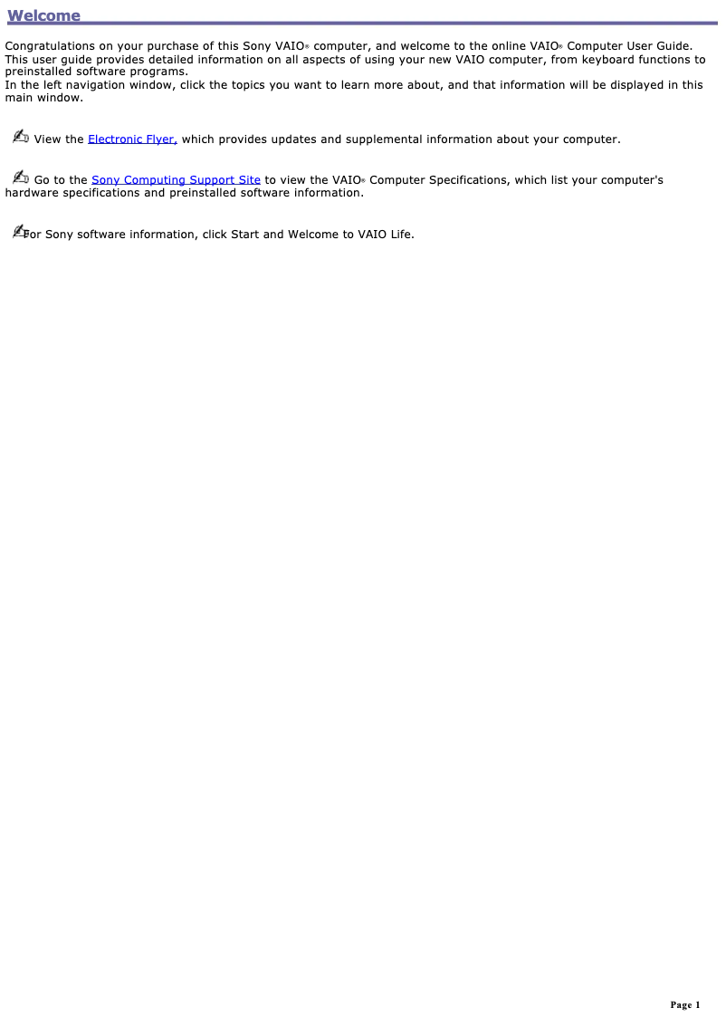 Page 1 de la notice Manuel utilisateur Sony Vaio PCG-V505DX