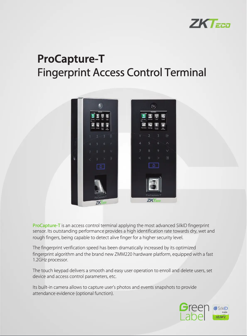 Page 1 de la notice Fiche technique ZKTeco ProCapture-T