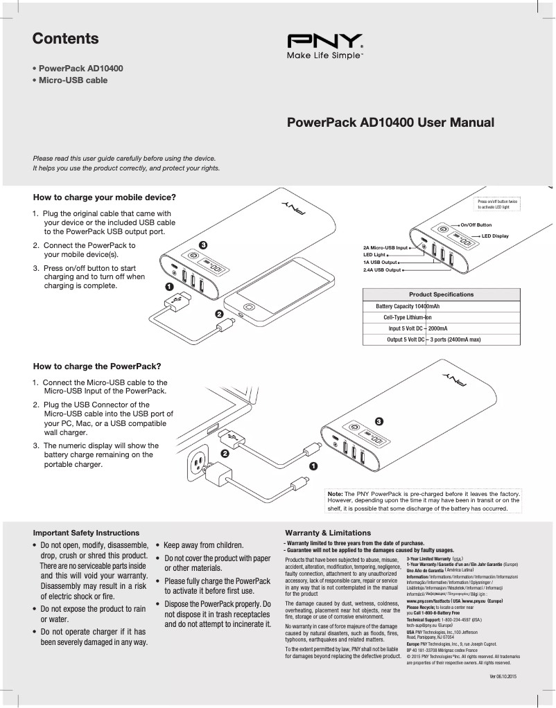 Page 1 de la notice Manuel utilisateur PNY PowerPack AD10400