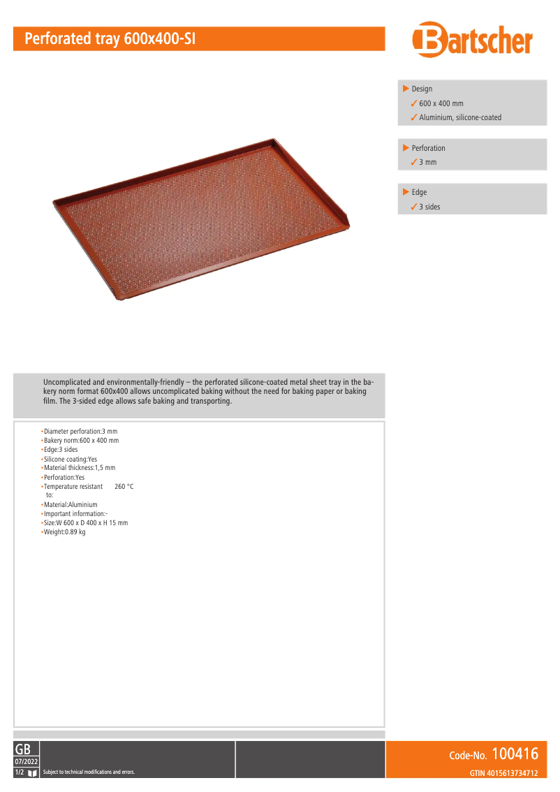 Page n°1 - Fiche technique Bartscher 100416