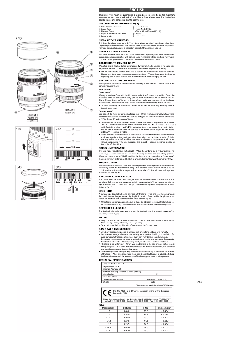 Page 1 de la notice Manuel utilisateur Sigma 70mm f2.8 EX DG Macro