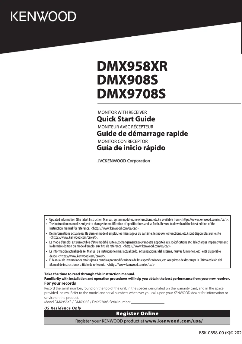 Page n°1 - Guide de démarrage rapide Kenwood Excelon DMX958XR
