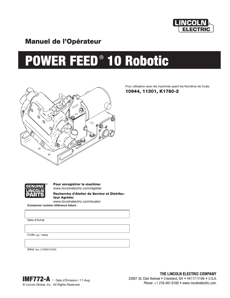 Page n°1 - Manuel utilisateur Lincoln Electric Power Feed 10 Robotic