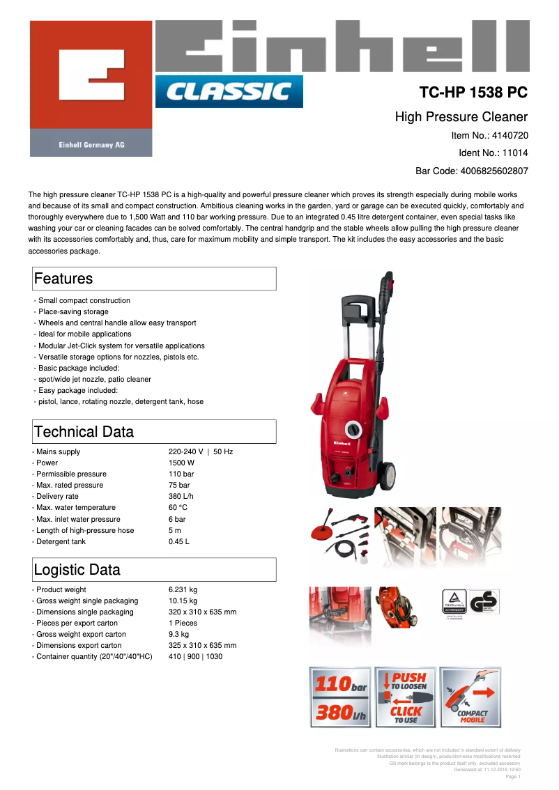 Page 1 de la notice Fiche technique Einhell TC-HP 1538 PC