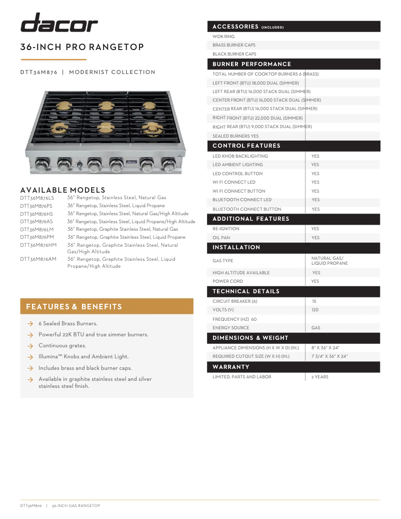 Page 1 de la notice Fiche technique Dacor DTT36M876LS