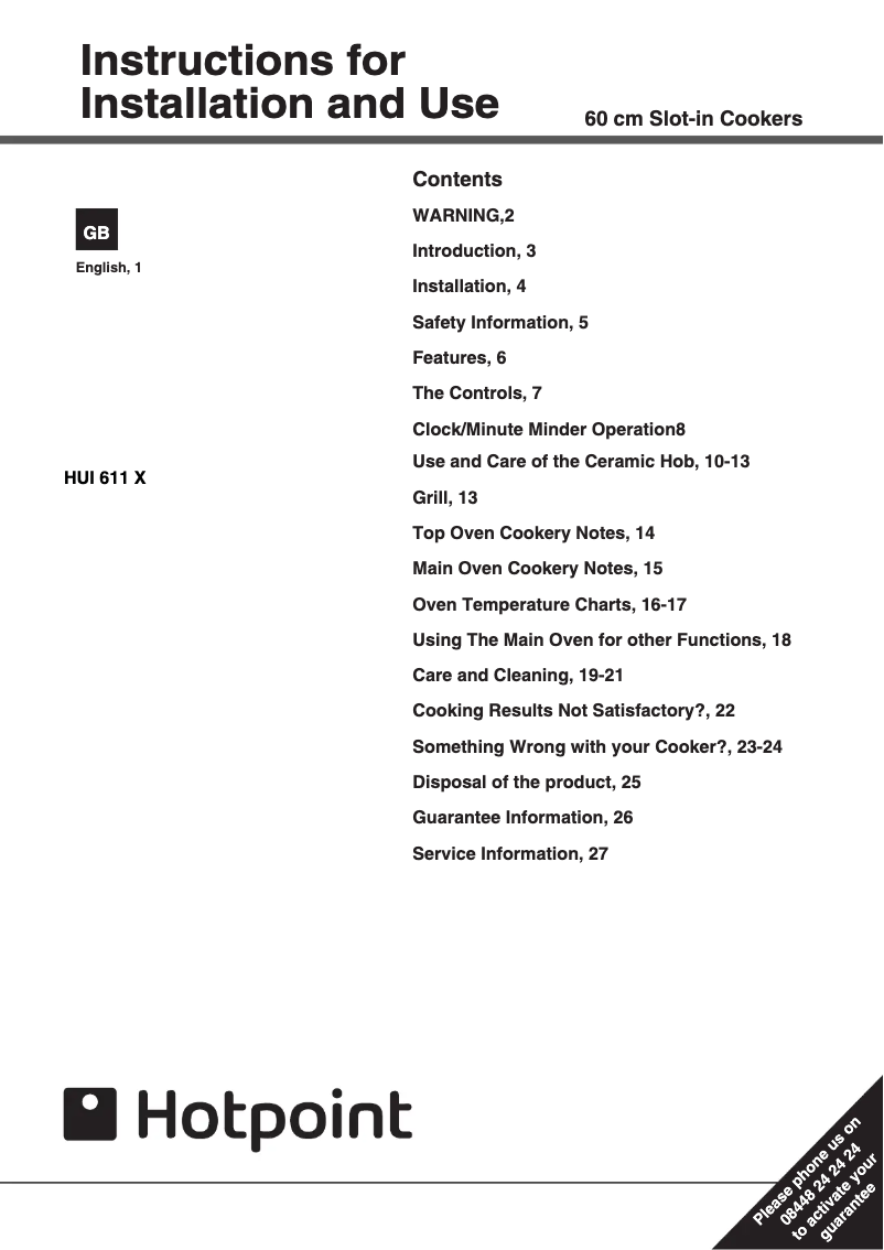 Page n°1 - Manuel utilisateur Hotpoint HUI611 X
