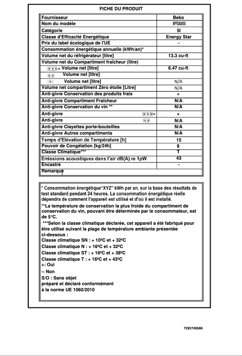 Page 1 de la notice Fiche technique Beko BFFD3626SS