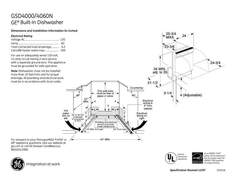 Page 1 de la notice Fiche technique GE GSD4000NBB