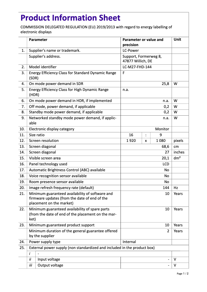 Page n°1 - Manuel utilisateur LC-Power LC-M27-FHD-144