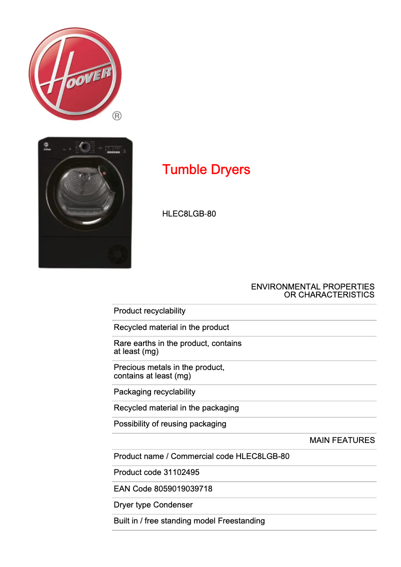 Page n°1 - Fiche technique Hoover HLEC8LGB-80