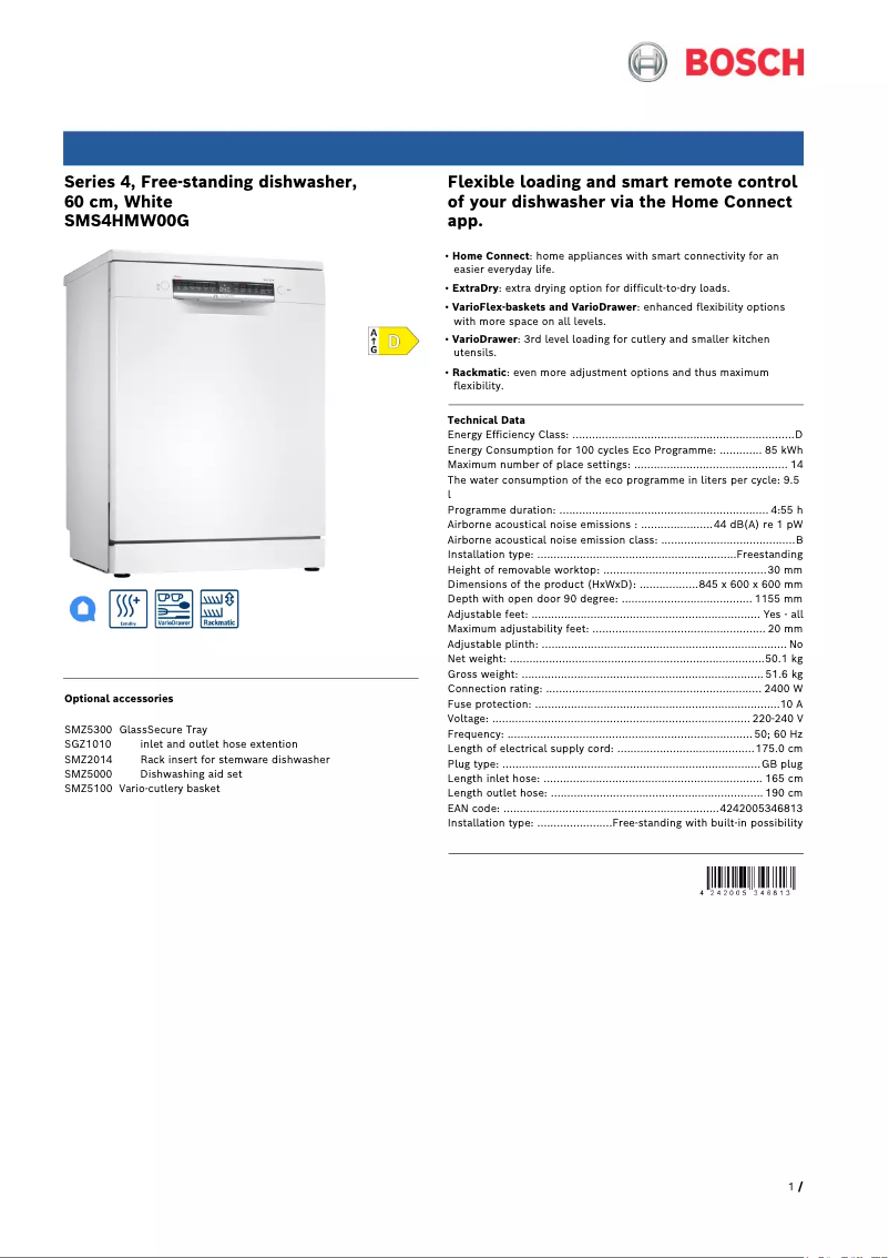 Imagen de la primera página del manual del dispositivo SMS4HMW00G