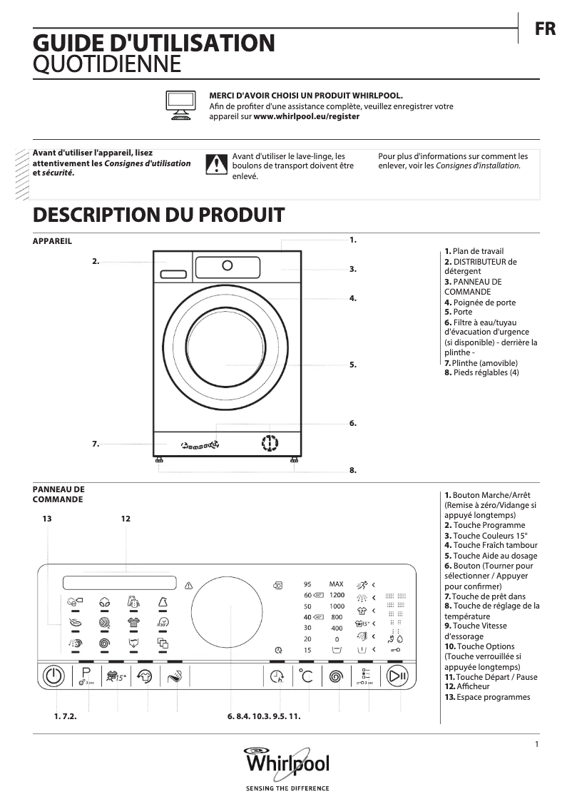 Page 1 de la notice Manuel utilisateur Whirlpool FSCR 10433