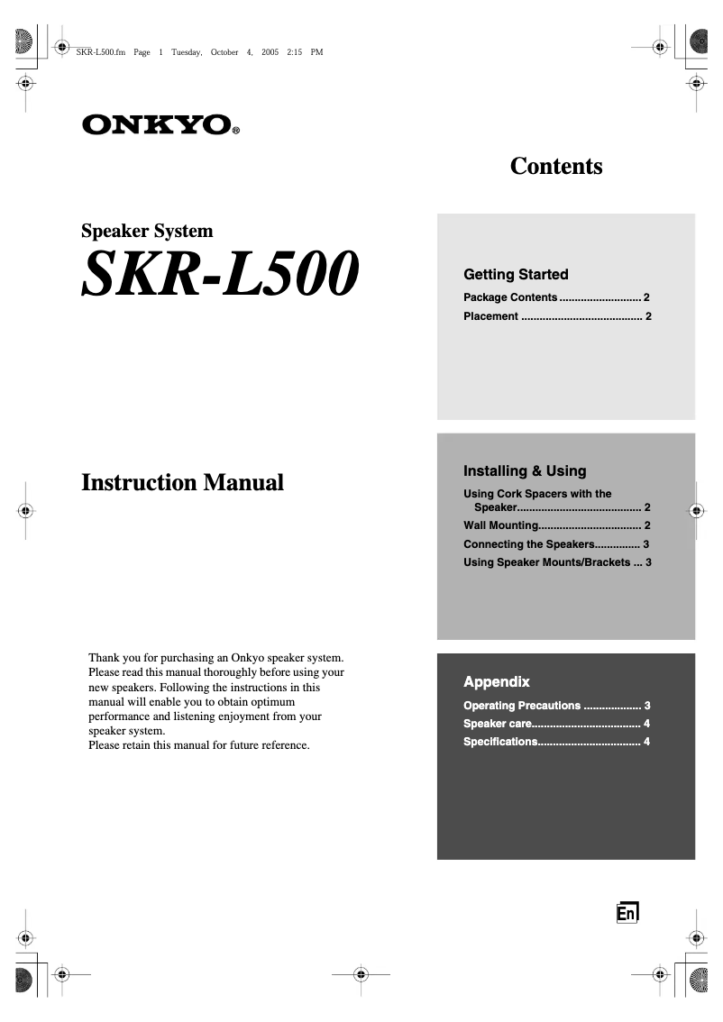 Page 1 of the manual User Manual Onkyo SKR-L500