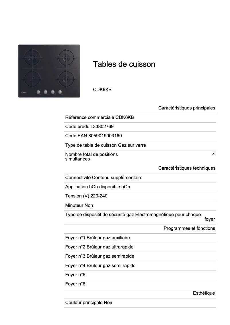 Page 1 de la notice Fiche technique Candy CDK6KB