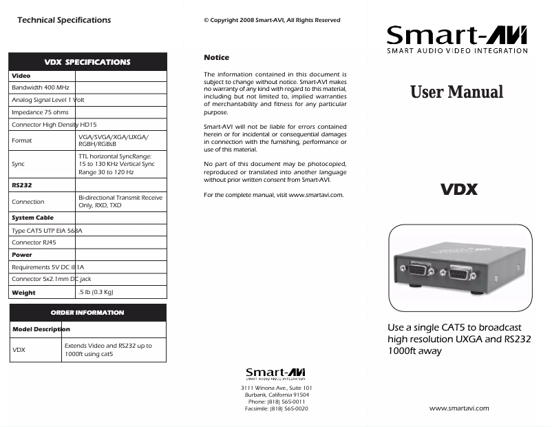 Page 1 de la notice Manuel utilisateur Smart-AVI VDXS