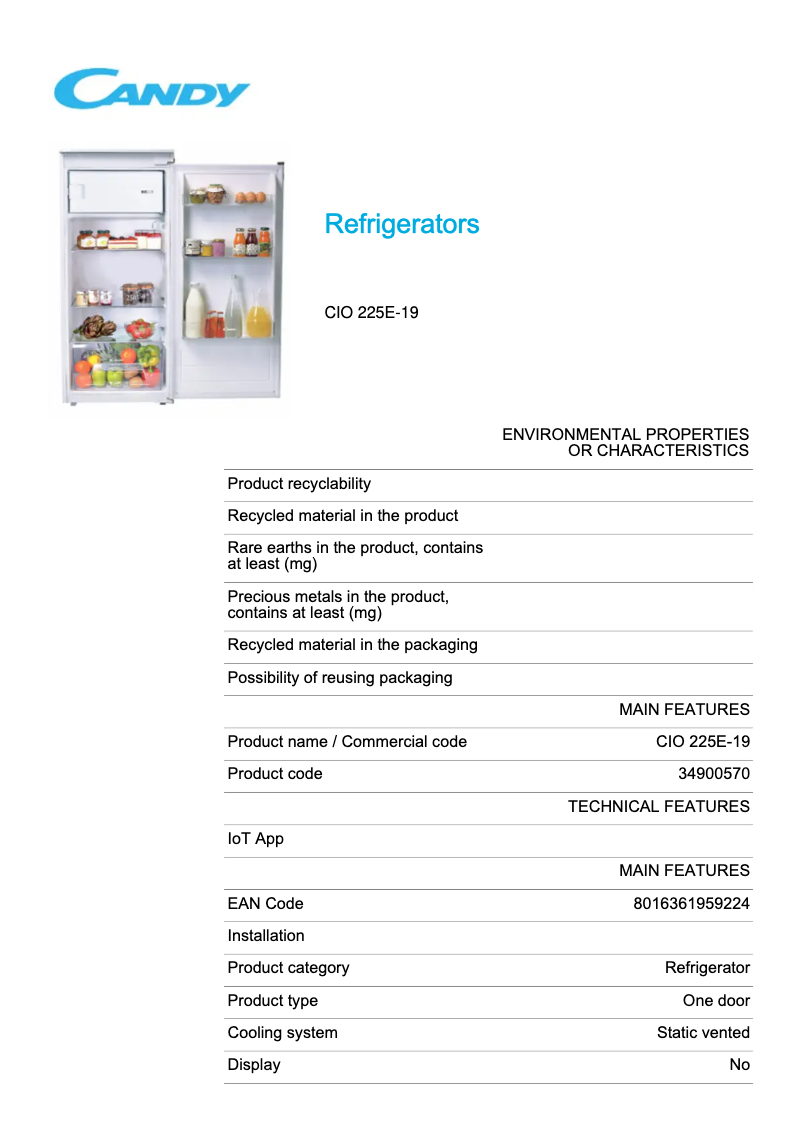 Page 1 de la notice Fiche technique Candy CIO 225E-19