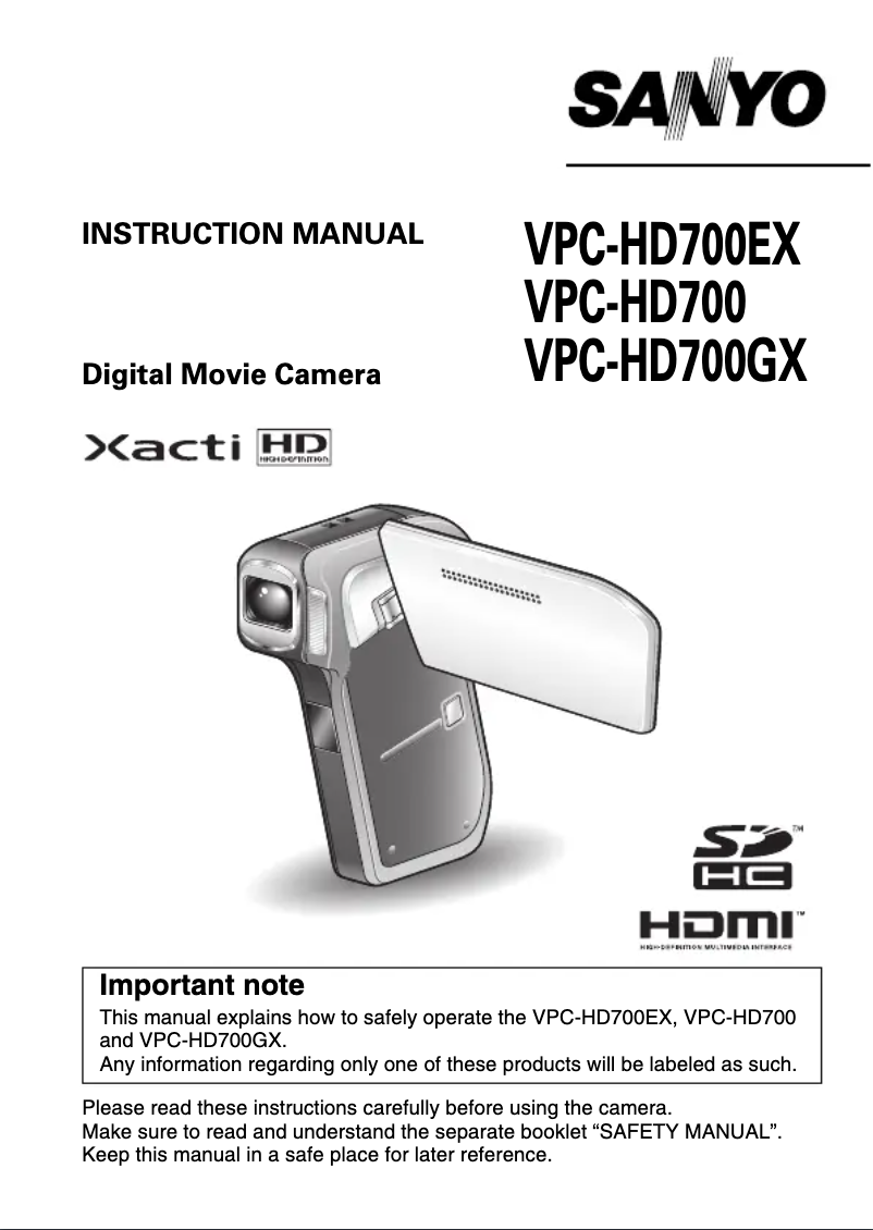 Image de la première page du manuel de l'appareil Xacti VPC-HD700EX