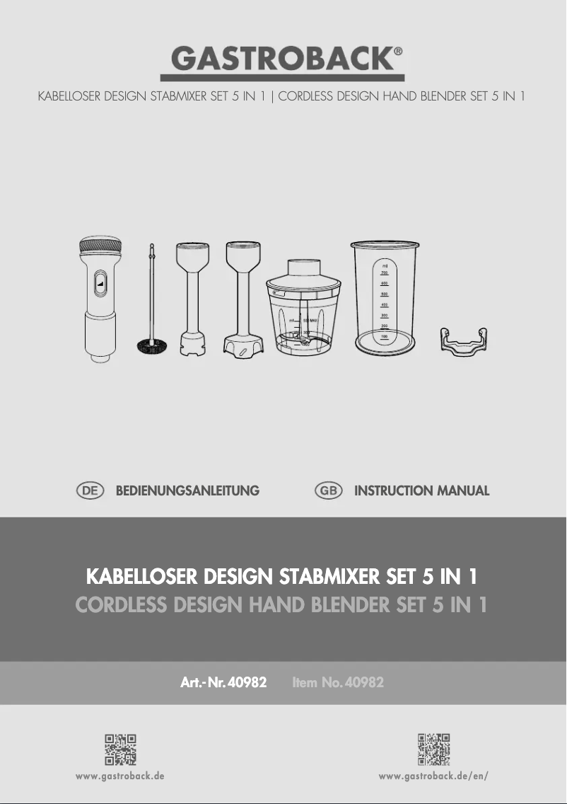 Page 1 of the manual User Manual Gastroback Cordless Design Hand Blender Set 5 in 1 40982